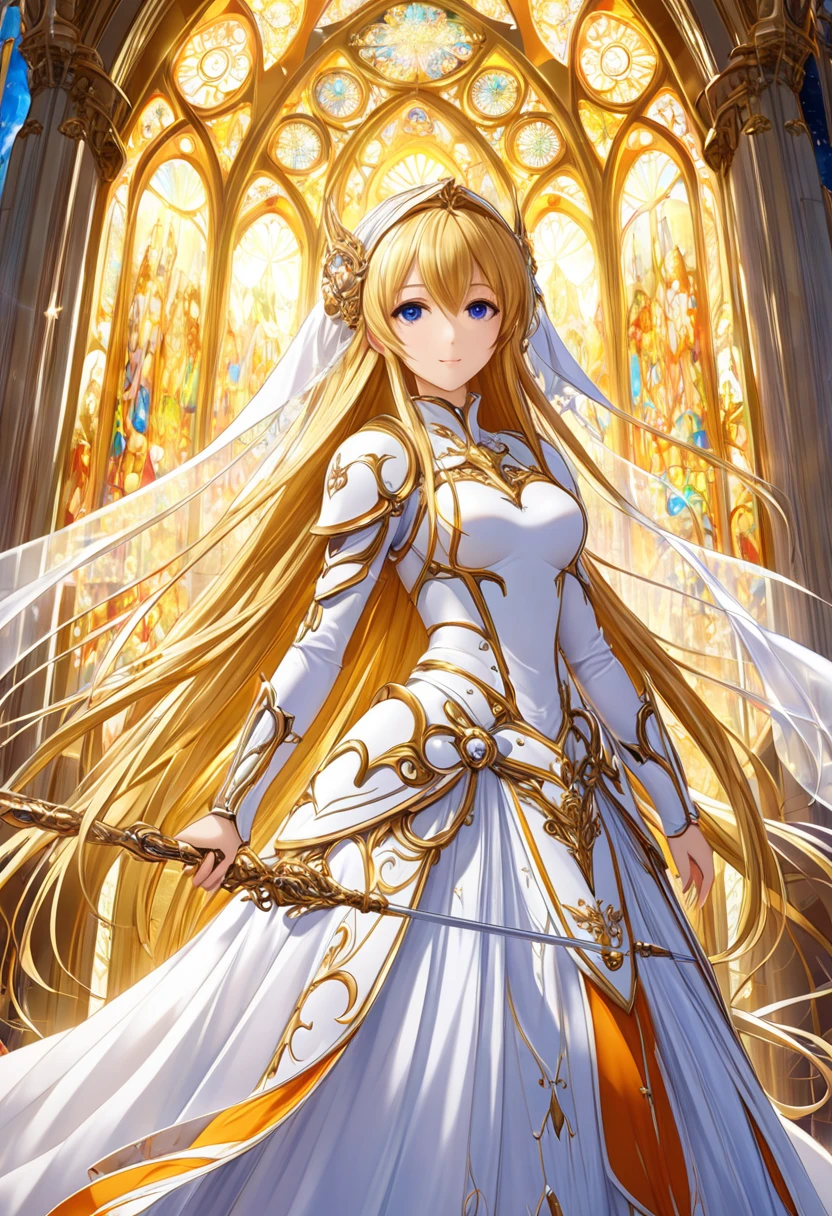 (( top quality )),( super high res),(Super detailednew),( detailed description ),(( best CG )),( Best Artwork ), Ultra Precision Art,Wonderful new Art,( surreal)、 girl、(Blonde)、((( long hair)))、(amber colorの目）、 girl, A beautifully arranged face :1.6,Also々new:1.5, natural makeup :1.4,Highly detailed faces、（ perfect eyes）、perfect hand、Perfect Proportions、 girl性司祭1人, Wearing a white veil, white ribbon, armored dress,  he wears thin, light armor、Precise and detailed relief:1.7、He has a long sacred staff、Old Cathedral 、With the church in the background、 HEALTHY SKIN、Highly detailed lighting、