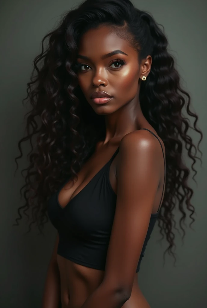there is a black woman , the woman has, she has dark skin, with dark brownish skin, with long curly, long black loose moisturised curly hair she os modelling for a vogue photo shoot in an extravagant outfit