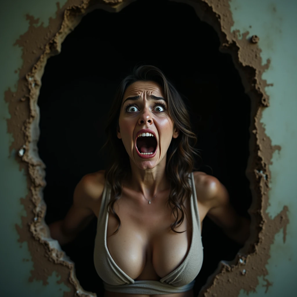 16K,hazy consciousness、Standing with a look of fear, ((Leg spread)), masterpiece,Completely naked, (((erotic)), 25-year-old woman, (screaming in fear), (Eyes wide with fear), Beautiful Skin, Brown Hair, Disheveled long hair, Watch Viewer, whole body, Perfect Female Anatomy、Spooky room in the basement