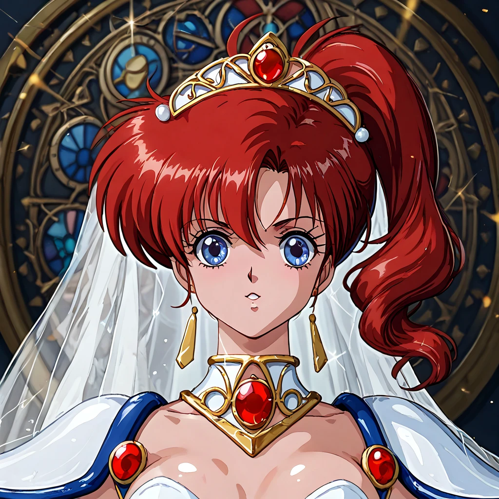 (( top quality )), ((masterpiece)), ( Details), （ perfect face）、Yoko Asagiri, the red-haired warrior of Leda, lost the battle with her nemesis, the evil middle-aged priest Zell, accepted that she would become a wife as a loser, wore a gorgeous wedding dress, hugged her nemesis, the evil middle-aged priest Zell, and had a wedding