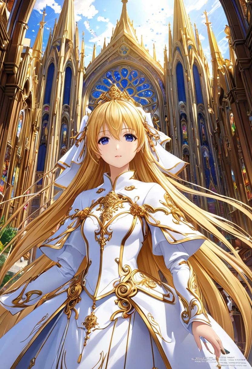 (( top quality )),( super high res),(Super detailednew),( detailed description ),(( best CG )),( Best Artwork ), Ultra Precision Art,Wonderful new Art,( surreal)、 girl、(Blonde)、((( long hair)))、(amber colorの目）、 girl, A beautifully arranged face :1.6,Also々new:1.5, natural makeup :1.4,Highly detailed faces、（ perfect eyes）、perfect hand、Perfect Proportions、 girl性司祭1人, Wearing a white veil, white ribbon, armored dress,  he wears thin, light armor、Precise and detailed relief:1.7、He has a long sacred staff、Old Cathedral 、With the church in the background、 HEALTHY SKIN、Highly detailed lighting、