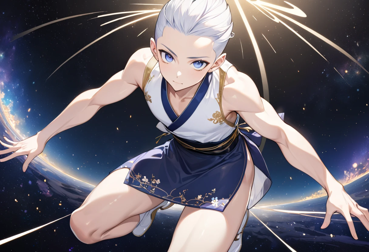 Fresh illustration,
Ultra-fine drawing,
Very delicate illustration,
Very fine details,
One boy,
Full body,
Height 158cm,
Fair skin,
Right eye is purple,
Left eye is blue,
Odd eyes,
Heterochromie iris,
Beautiful eyes,
Large black pupils,
Cleanly cut hairstyle,
Slicked back hairstyle,
Short hair,
Shiny hair,
White hair,
Protruding forehead,
Cute face,
Pretty face,
Shiny halo on the back of the head,
Raised eyebrows,
Kimono upper body,
Japanese clothing upper body,
Masculine build,
Six pack,
Very small breasts,
No breasts,
Chinese dress lower body,
Black obi,
Overall white clothes,
Tasteful embroidery with gold thread,
Clothes with high-quality texture,
Jock straps,
Thigh straps Wrap,
Thigh straps digging into skin,
White long boots,
Japanese-style toes,
Five fingers on hands and feet,
Slim waist,
Thin legs,
Isometric,
Golden ratio,
Divine atmosphere,
Wearing an indigo-colored stand-up collared inner,
Outer space,
Galaxy,
Countless small stars,
Tactical use of shadows,
Free pose,
Sexy pose,
Exposing skin,
Erotic pose,
Adult pose,
Lewd appearance,
Looking at camera,
Buttocks facing camera,
Pervert,
Clothes are see-through and pink nipples and penis are visible