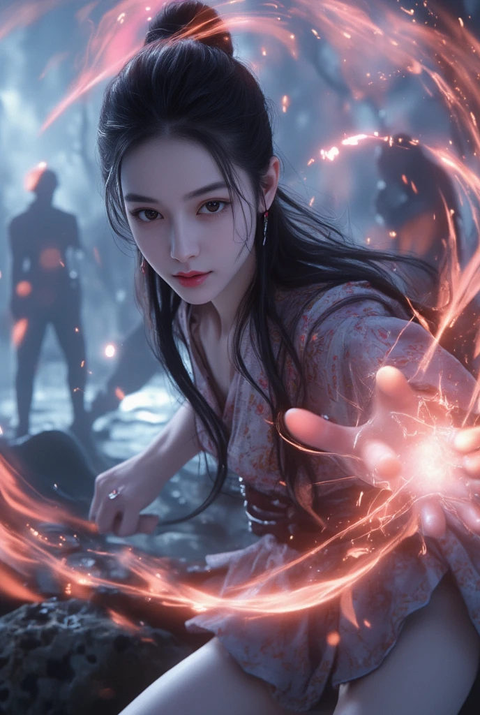 Masterpiece, full body, random angle view, photography, 
"Japanese beautiful young woman, white pale skin",very long hair elaborate updo black,wearing pretty dress,  spelling epic powerful magic at battlefield, 