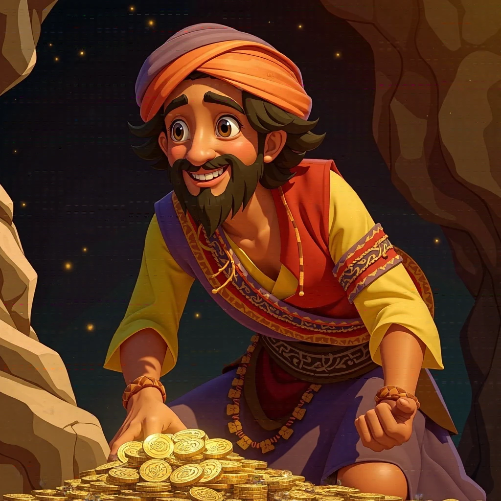 Create an animated scene featuring a cheerful and excited character in a cave, surrounded by shimmering gold coins. The character, in his 40s, is dressed in colourful, flowing Middle Eastern clothes and a turban, showing his excitement at discovering the treasure. The cave is dimly lit with sparkling reflections from the coins, adding to the magical atmosphere. Consider adding subtle elements of tension, such as shadows or echoes in the background to create intrigue.