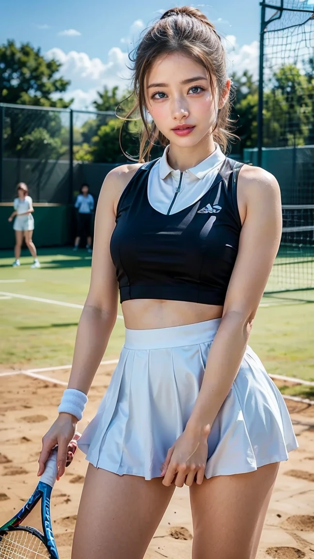 beautiful detailed eyes, beautiful detailed lips, extremely detailed eyes and face, long eyelashes, 1 girl, 18 years old, healthy thighs, beautiful legs, beautiful skin, random hair color, random hairstyle, large breasts, female tennis player, (tennis outfit:1.3), (she is standing:1.2), full body shot, shoes, (best quality,8k,ultra-detailed,masterpiece:1.3),realistic,photorealistic,photo-realistic:1.37,ultra-fine painting, vivid colors, physically-based rendering, professional, Satomi Ishihara