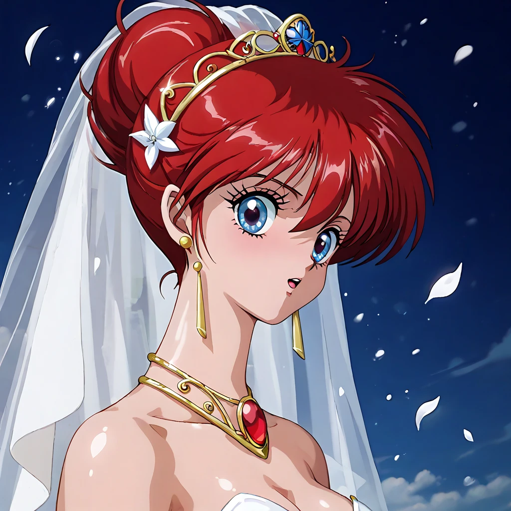 (( top quality )), ((masterpiece)), ( Details), （ perfect face）、Yoko Asagiri with red hair from the warrior of Leda lost the battle with her nemesis Shinto Zel, became a wife, wore a gorgeous black wedding dress, hugged her nemesis Shinto Zell, and had a wedding