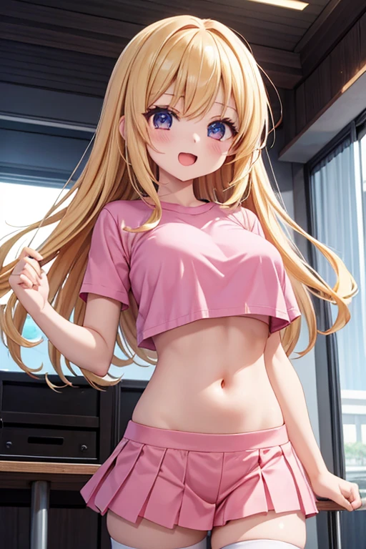 (Red ribbon on headband: 1.2), Anime girl in underwear sitting on bed in bedroom, one girl, solo, blonde hair, navel, chest, blushing, looking at viewer, hip joint Emphasis, crotch spread, red eyes, Hoshimiya Ichigo (Aikatsu)!), ckundies, underwear, panties, sports bra, panties,