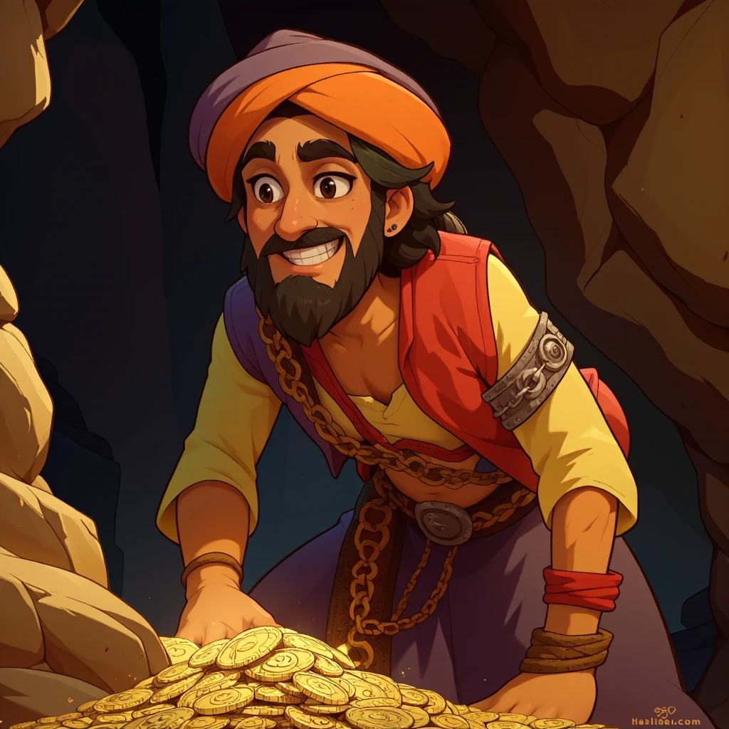 Create an animated scene featuring a cheerful and excited character in a cave, surrounded by shimmering gold coins. The character, in his 40s, is dressed in colourful, flowing Middle Eastern clothes and a turban, showing his excitement at discovering the treasure. The cave is dimly lit with sparkling reflections from the coins, adding to the magical atmosphere. Consider adding subtle elements of tension, such as shadows or echoes in the background to create intrigue.