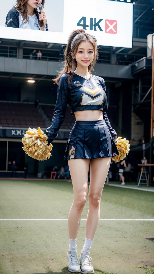 A beautiful young Japanese woman, 20 years old, with perfect anatomy, healthy thighs, beautiful feet, flawless skin, random hair color and style, large bust, (she is standing:1.2), wearing a cheerleader uniform with micro-pleated miniskirt, in a full body shot, standing in a stadium, (best quality,4k,8k, highres, masterpiece:1.3), (extremely detailed:1.2), Satomi Ishihara