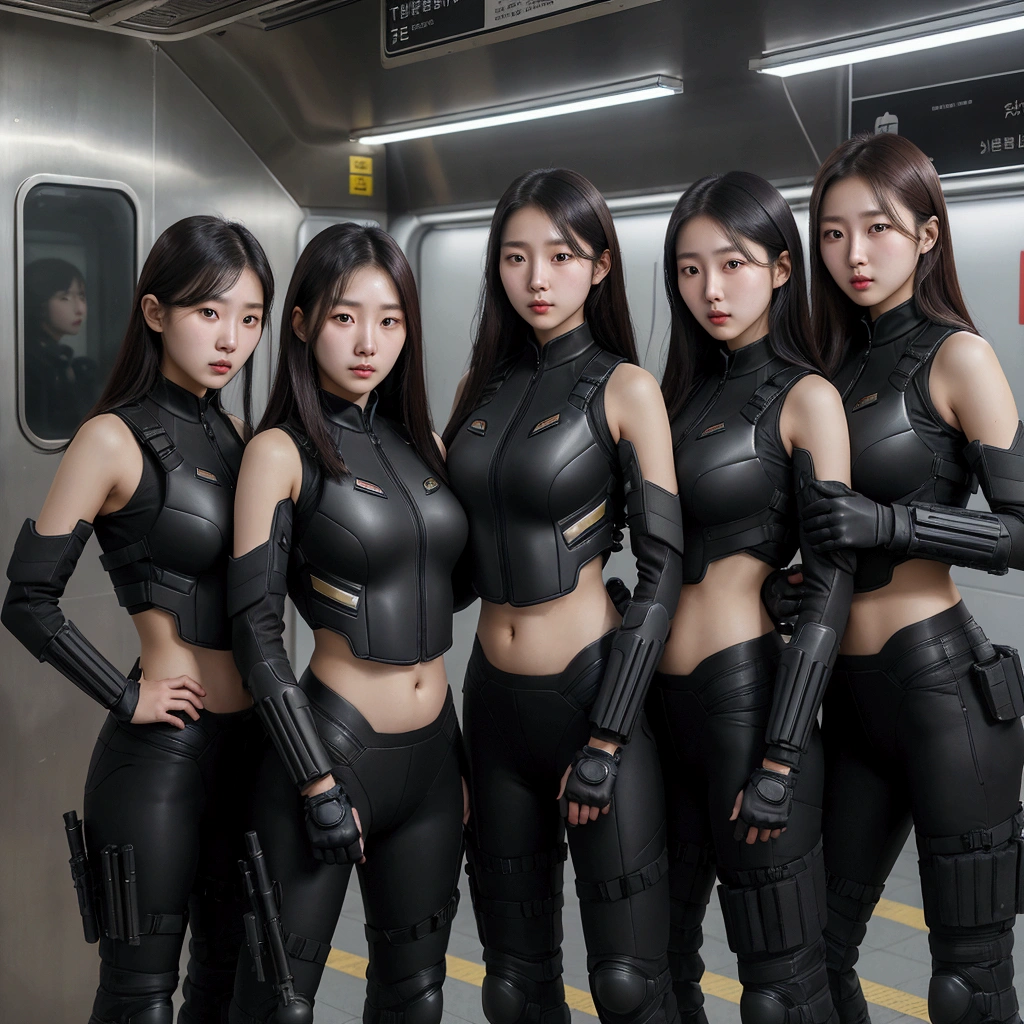 A group of beautiful women, wearing tight-fitting futuristic outfits, standing at attention in a high-tech warehouse, intricate robotic arms extending from their backs, photorealistic, highly detailed, cinematic lighting, dramatic shadows, moody atmosphere, muted color palette