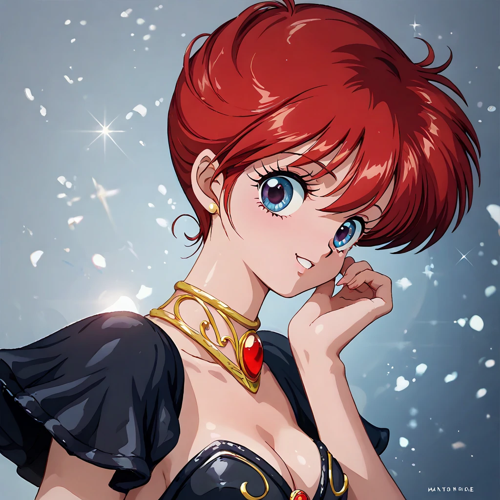 (( top quality )), ((masterpiece)), ( Details), （ perfect face）、Yoko Asagiri with red hair is wearing a sexy black dress and smiling in a pose showing off her charming body