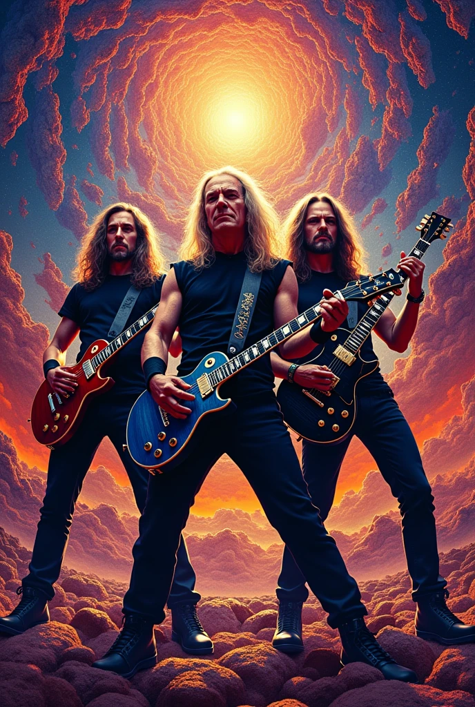 Create image of 4 members of a southern rock band under the moonlight shadow in texas. One member is blond with long hair, holds a white Paul Leis and wears a leather vest and tight leather pants. Two other members have long hair and wear long beards.. One holds a brown bass guitar and the other holds 2 drumsticks.. The other member has long blonde hair., wears square glasses and holds a stand with an old microphone.