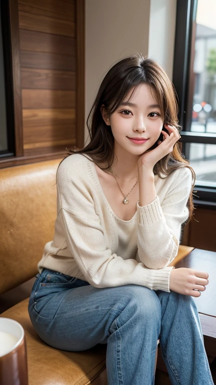 Photorealistic, high-quality 32k photo of a beautiful Japanese girl in a casual, chic outfit, with detailed eyes and a charming smile, seated at a cozy café. She’s wearing a stylish sweater and jeans, with ankle boots and a simple necklace, her hair styled in a soft wave. The image captures her in a warm, inviting café setting, with a focus on her relaxed posture and the ambient light highlighting her face