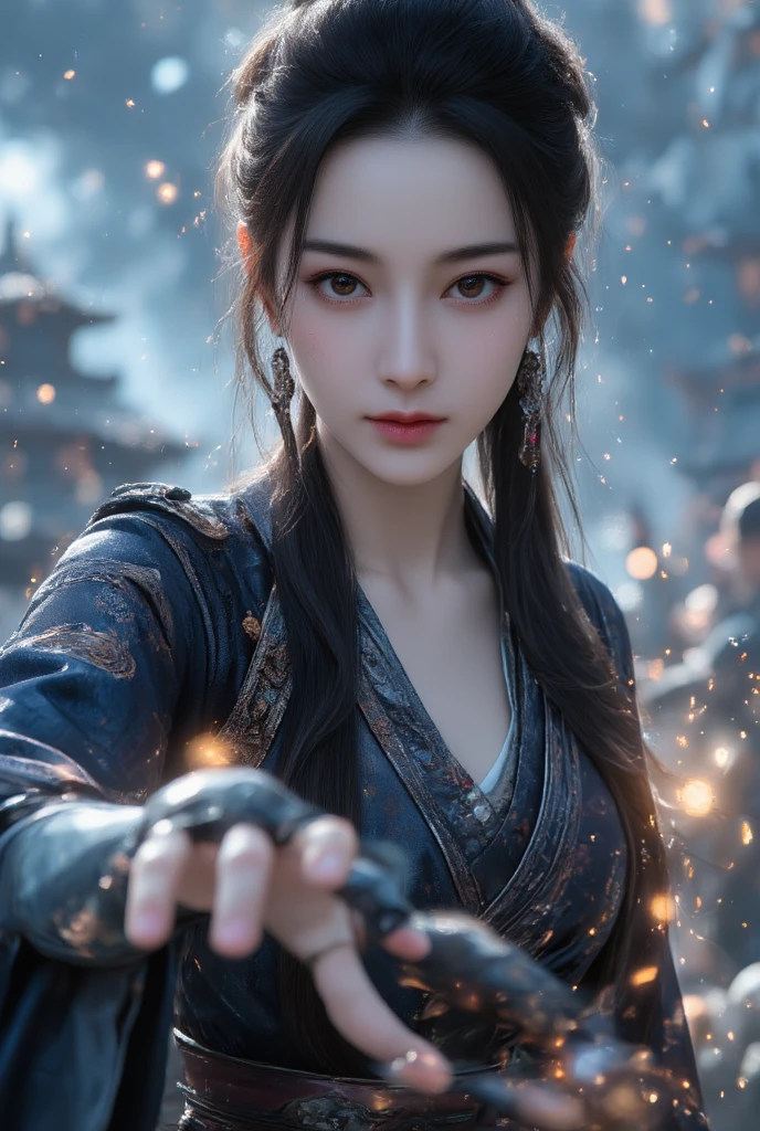 Masterpiece, full body, random angle view, photography, 
"Japanese beautiful young woman, white pale skin",very long hair elaborate updo black, wearing pretty dress,  spelling from orb for epic powerful magic at battlefield, 