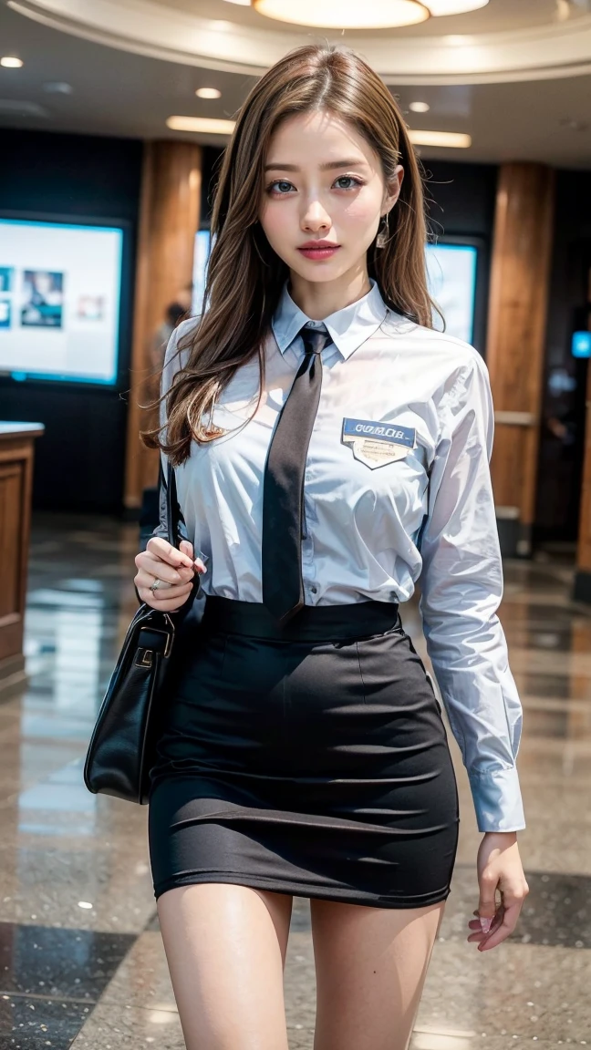 A beautiful, 24-year-old Japanese woman with perfect anatomy, healthy thighs, beautiful legs, beautiful skin, random hair color and style, large breasts, (wearing a flight attendant uniform with a mini-skirt:1.3), (she is standing:1.2), full body shot, pumps, carrying a suitcase, at the airport, (best quality,4k,8k,highres,masterpiece:1.3),(extremely detailed:1.2),realistic,photorealistic,photo-realistic:1.37,professional,vivid colors, studio lighting, Satomi Ishihara