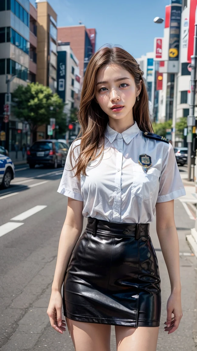 beautiful Japanese woman, 22 years old, perfect anatomy, healthy thighs, beautiful legs, beautiful skin, random hair color, random hairstyle, large breasts, female police officer, (Japanese police uniform:1.3), (miniskirt:1.3), (she is standing:1.2), full body shot, high heels, city street, (best quality, 4k, 8k, highres, masterpiece:1.3), (extremely detailed:1.2), Satomi Ishihara