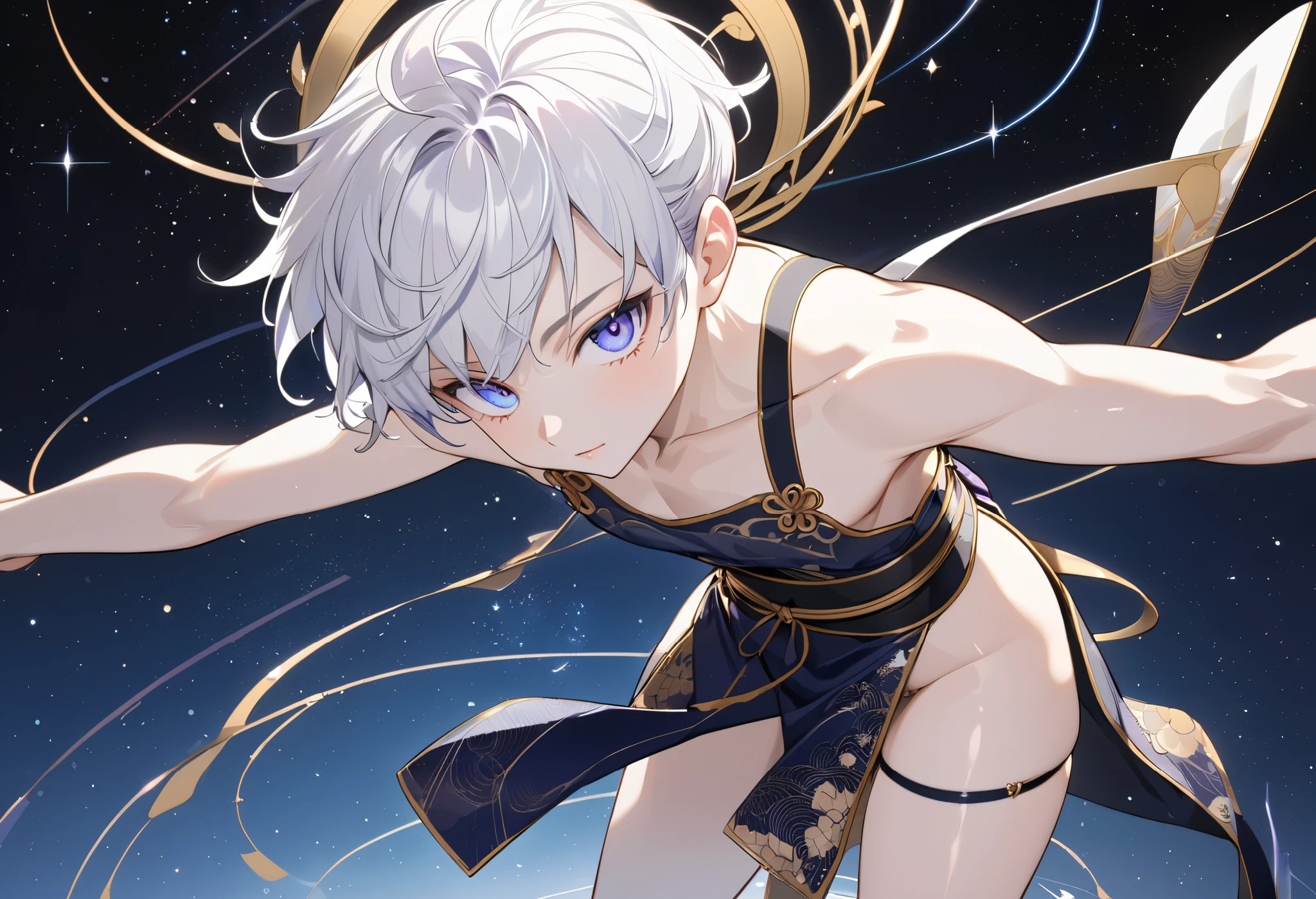 Fresh illustration,
Ultra-fine drawing,
Very delicate illustration,
Very fine details,
One boy,
Full body,
Height 158cm,
Fair skin,
Right eye is purple,
Left eye is blue,
Odd eyes,
Heterochromie iris,
Beautiful eyes,
Large black pupils,
Cleanly cut hairstyle,
Slicked back hairstyle,
Short hair,
Shiny hair,
White hair,
Protruding forehead,
Cute face,
Pretty face,
Shiny halo on the back of the head,
Raised eyebrows,
Kimono upper body,
Japanese clothing upper body,
Masculine build,
Six pack,
Very small breasts,
No breasts,
Chinese dress lower body,
Black obi,
Overall white clothes,
Tasteful embroidery with gold thread,
Clothes with high-quality texture,
Jock straps,
Thigh straps Wrap,
Thigh straps digging into skin,
White long boots,
Japanese-style toes,
Five fingers on hands and feet,
Slim waist,
Thin legs,
Isometric,
Golden ratio,
Divine atmosphere,
Wearing an indigo-colored stand-up collared inner,
Outer space,
Galaxy,
Countless small stars,
Tactical use of shadows,
Free pose,
Sexy pose,
Exposing skin,
Erotic pose,
Adult pose,
Lewd appearance,
Looking at camera,
Buttocks facing camera,
Pervert,
Clothes are see-through and pink nipples and penis are visible