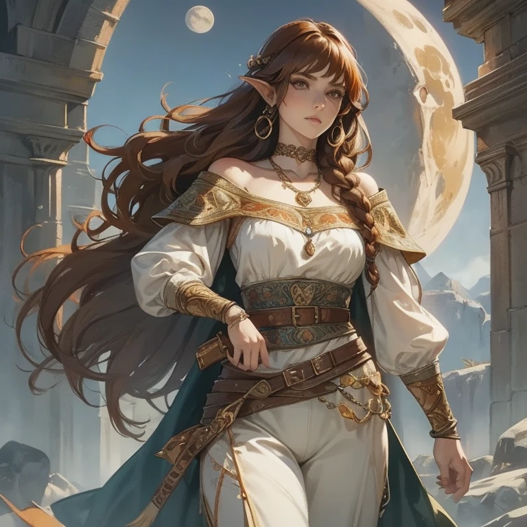  An elven woman with orange-brown hair ,  shoulder length hair,  slightly curly and brown eyes . She is a woman of large size .  She wears a white blouse with beautiful embroidery and dark brown pants in medieval style.  She wears a necklace with a moon around her neck .  fantasy scenery .  realistic art style .