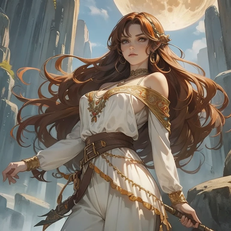  An elven woman with orange-brown hair ,  shoulder length hair,  slightly curly and brown eyes . She is a woman of large size .  She wears a white blouse with beautiful embroidery and dark brown pants in medieval style.  She wears a necklace with a moon around her neck .  fantasy scenery .  realistic art style .