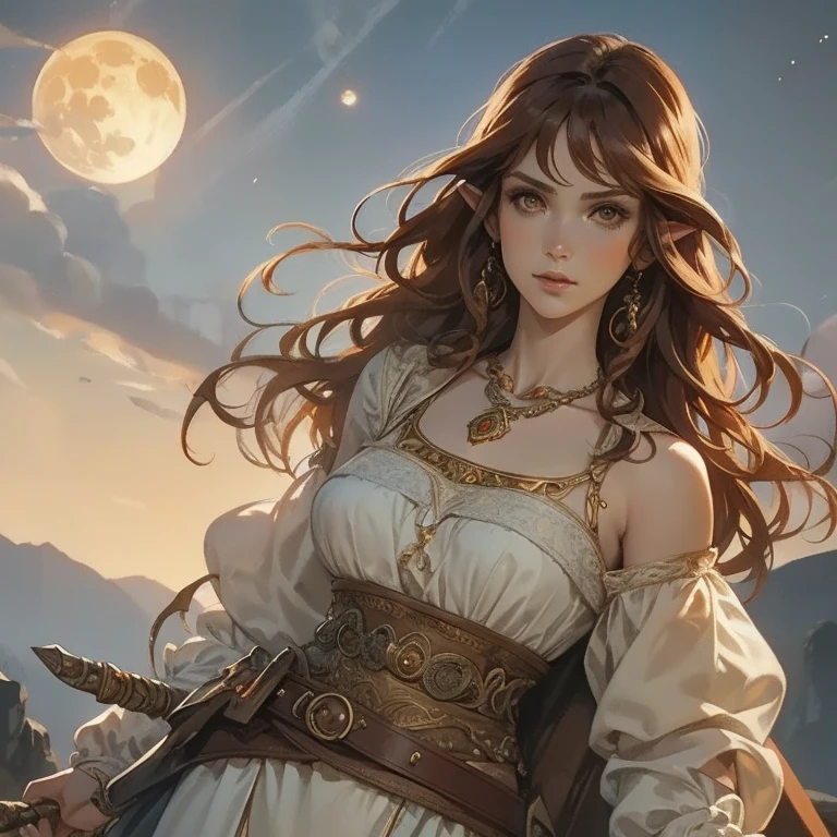  An elven woman with orange-brown hair ,  shoulder length hair,  slightly curly and brown eyes . She is a woman of large size .  She wears a white blouse with beautiful embroidery and dark brown pants in medieval style.  She wears a necklace with a moon around her neck .  fantasy scenery .  realistic art style .