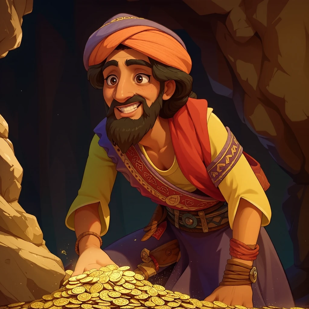 Create an animated scene featuring a cheerful and excited character in a cave, surrounded by shimmering gold coins. The character, in his 40s, is dressed in colourful, flowing Middle Eastern clothes and a turban, showing his excitement at discovering the treasure. The cave is dimly lit with sparkling reflections from the coins, adding to the magical atmosphere. Consider adding subtle elements of tension, such as shadows or echoes in the background to create intrigue.