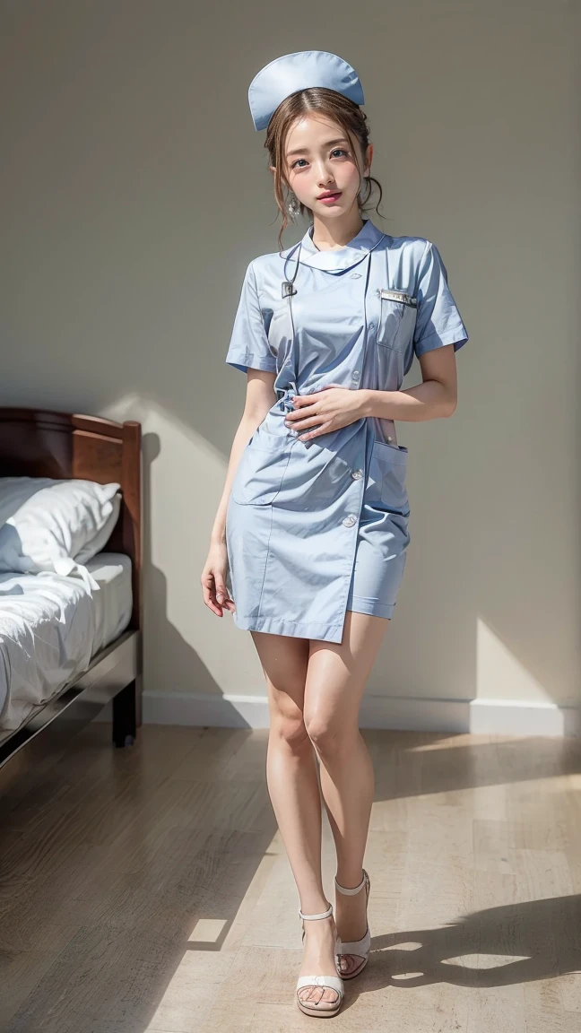 a beautiful young 24-year-old Japanese woman, beautiful, detailed anatomy, beautiful skin, random hair color and hairstyle, big breasts, nurse hat, (nurse uniform:1.3), nurse cap, (she is standing:1.2), full body shot, high heels, hospital, (best quality,8k, masterpiece:1.3), (extremely detailed:1.2), Satomi Ishihara