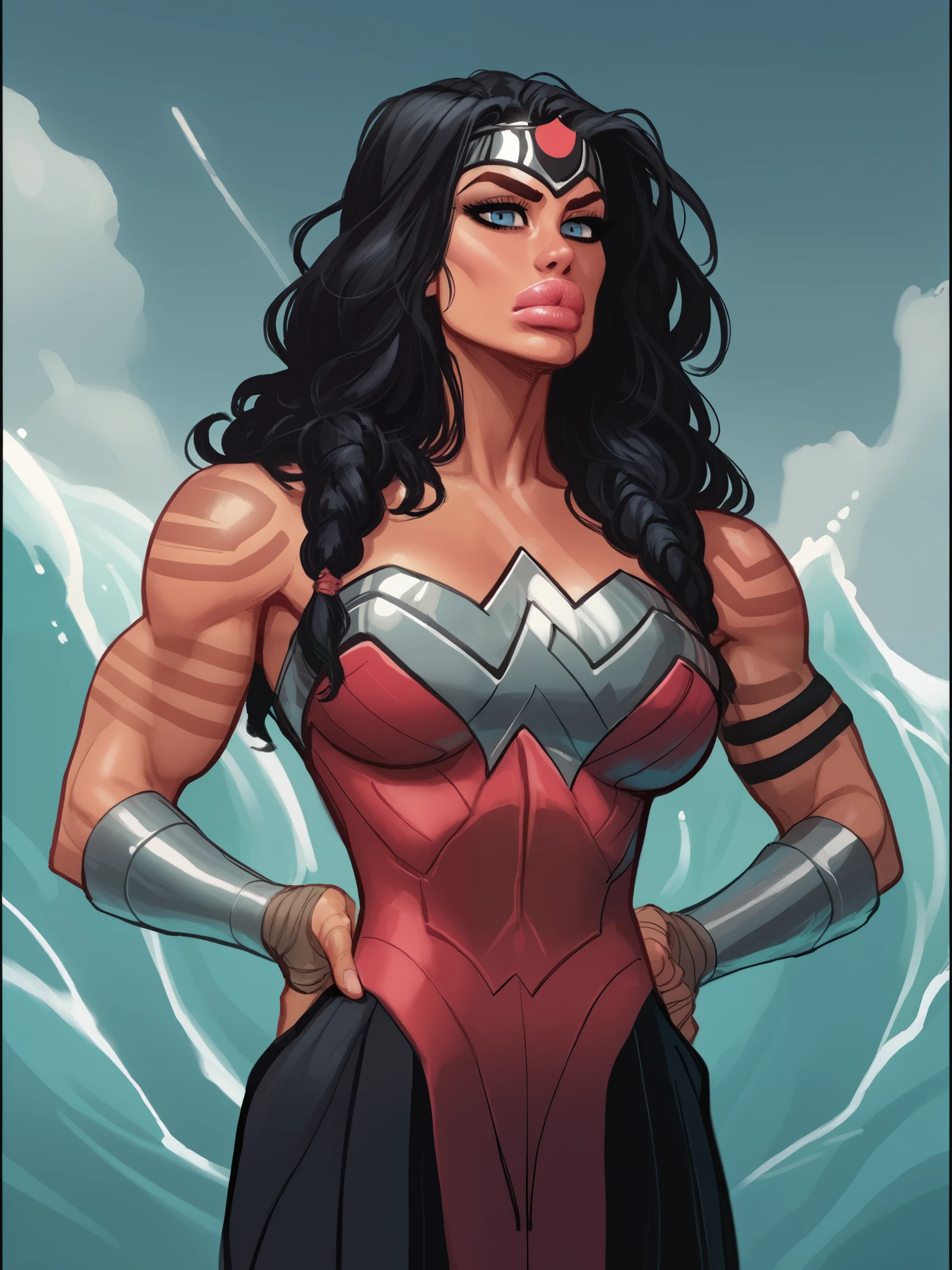 score_9, score_8_up, score_7_up, (1girl, solo, 1girl, solo, Wonder Woman, superhero, bimbo, voluptuous, Appearance("Statuesque and commanding, tanned sun-kissed skin"), Face Appearance("High cheekbones, piercing blue eyes,full lips, face conveys wisdom and strength, framed by cascading waves of inky black hair"),Hair Style("Long, voluminous black hair, soft waves, braided or tied back"),Body("Athletically toned, slender waist, flares into curvaceous hips, muscular arms and legs, body is adorned with subtle scars"), Chest Appearance("Large, Ample and firm"), AssAppearance("Rounded and firm"), studio photos, perfect hands, front view, close up, annoyed expression, portrait, hand on hip score_9, score_8_up, score_7_up, score_6_up, source_cartoon, rating_safe,