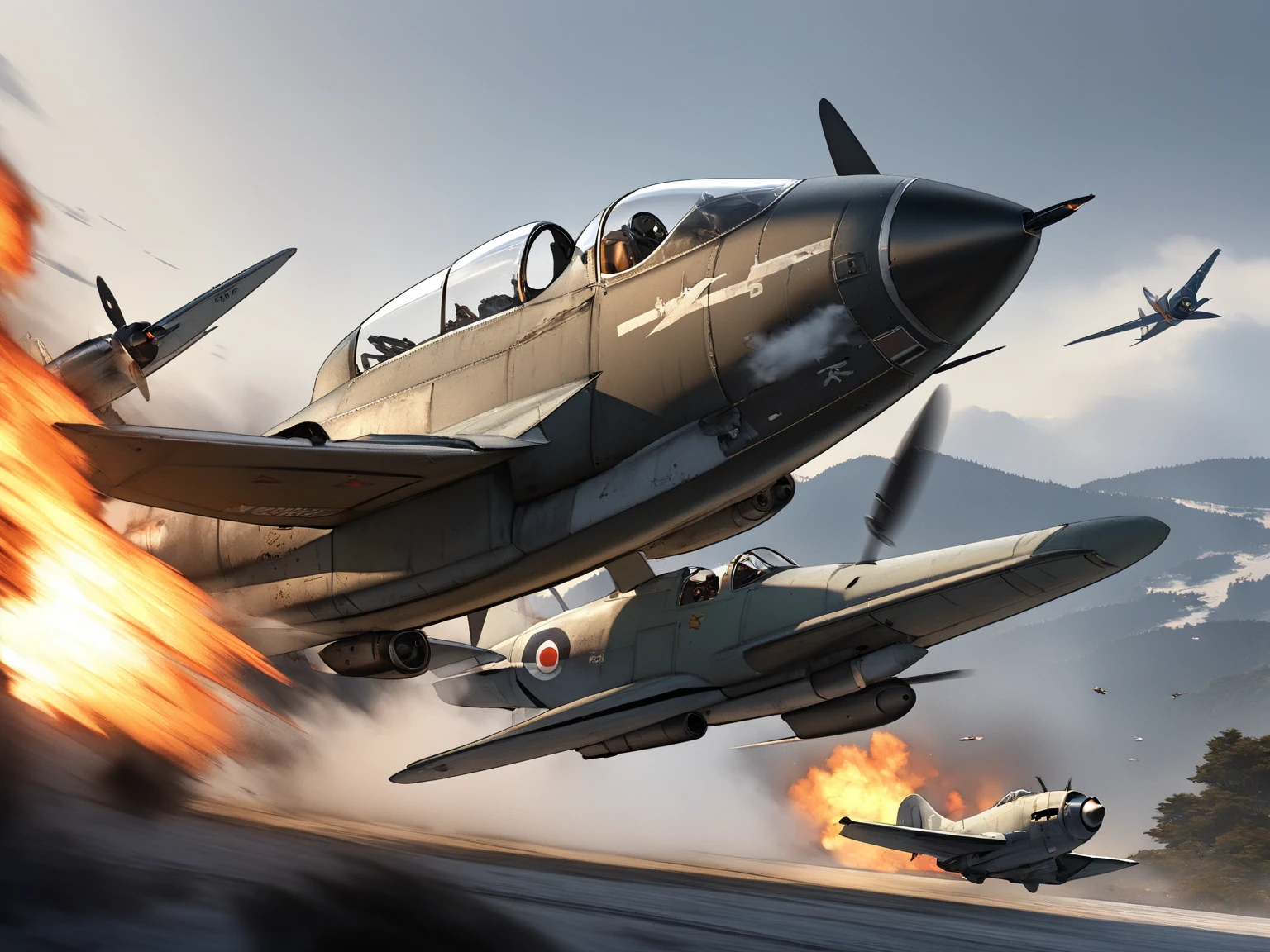 (masterpiece:1.3, top quality :1.3, very detailed depiction:1.3, incredible high resolution:1.3, high quality photo images ),Zero Fighter,Japanese military fighter ,propeller fighter,Air Combat,Reciprocating Fighter,Crash ,come down,Gunfire, dynamic images ,In the midst of fierce combat, Aggressive Atmosphere 