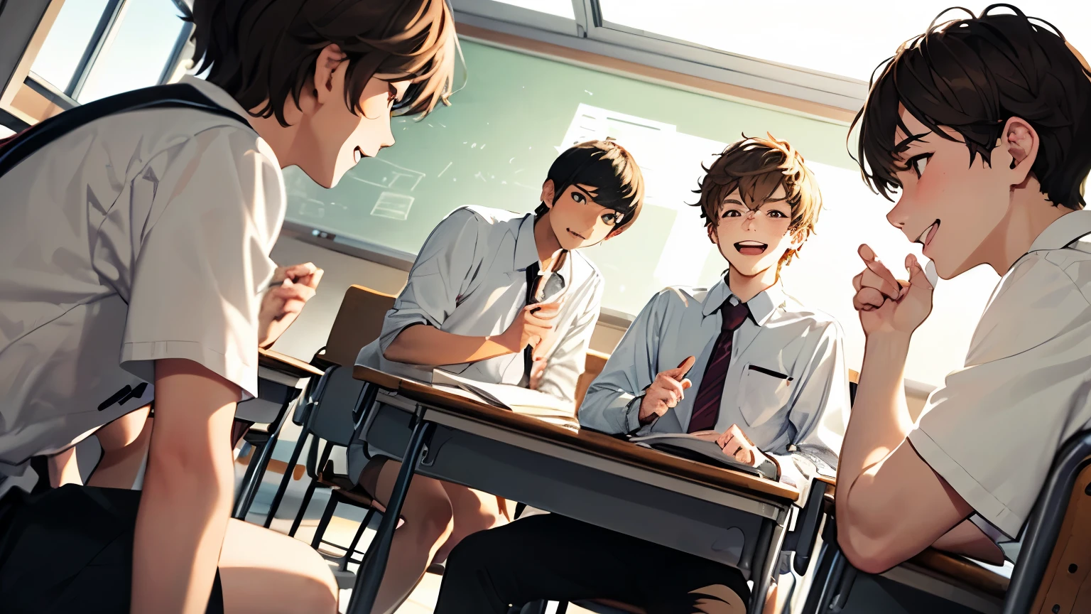 (((Sitting on a classroom chair))), smiling and talking, ((a male high school student with light brown hair)). He is wearing a white shirt and is chatting with three other male high school students. The composition is viewed from a low angle, looking upward in a dynamic perspective.