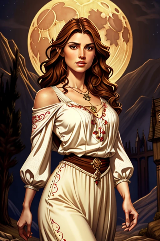  An elven woman with orange-brown hair ,  shoulder length hair,  slightly curly and brown eyes . She is a woman of large size .  She wears a white blouse with beautiful embroidery and dark brown pants in medieval style.  She wears a necklace with a moon around her neck .  fantasy scenery .  realistic art style .