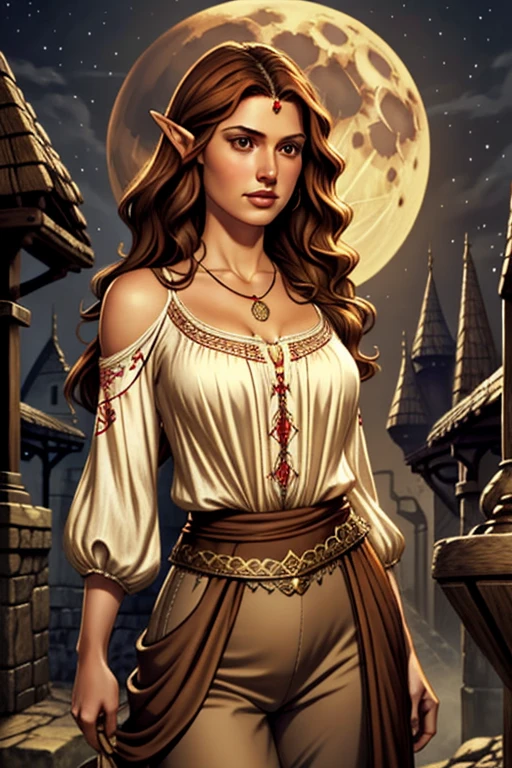  An elven woman with orange-brown hair ,  shoulder length hair,  slightly curly and brown eyes . She is a woman of large size .  She wears a white blouse with beautiful embroidery and dark brown pants in medieval style.  She wears a necklace with a moon around her neck .  fantasy scenery .  realistic art style .