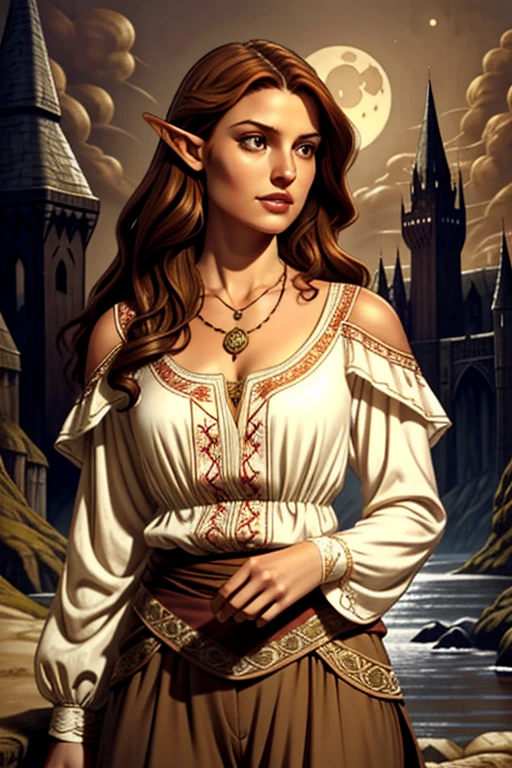  An elven woman with orange-brown hair ,  shoulder length hair,  slightly curly and brown eyes . She is a woman of large size .  She wears a white blouse with beautiful embroidery and dark brown pants in medieval style.  She wears a necklace with a moon around her neck .  fantasy scenery .  realistic art style .