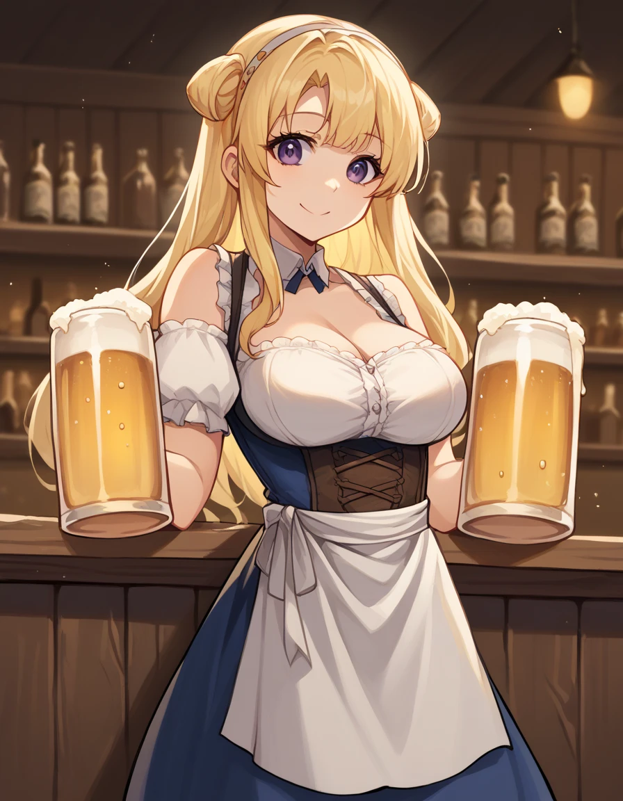 score_9, score_8_ up, score_7_ up,  source_Anime, , Blonde,  Big Breasts ,   PURPLE EYES,  long hair, double bun , Hair Bun, Hair Bunド,,  dirndl , German clothing, Beer  mug, clavicle,  clevis on a stone, Beer ,  under bust,  waist apron ,, indoor, bar, smile, ,, ,  cowboy shot,  Dutch Angle