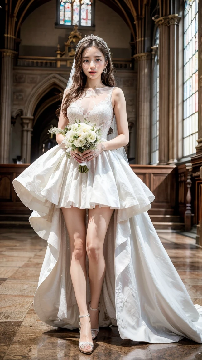 A beautiful young Japanese woman, 26 years old, with healthy thighs, beautiful legs, flawless skin, random hair color and style, large breasts, wearing a (wedding dress:1.3), (she is standing:1.2), full body shot, high heels, holding a bouquet in her hands, in a church setting, (best quality,8k, masterpiece:1.3), (extremely detailed:1.2), perfect anatomy, Satomi Ishihara