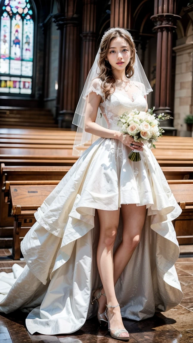 A beautiful young Japanese woman, 26 years old, with healthy thighs, beautiful legs, flawless skin, random hair color and style, large breasts, wearing a (wedding dress:1.3), (she is standing:1.2), full body shot, high heels, holding a bouquet in her hands, in a church setting, (best quality,8k, masterpiece:1.3), (extremely detailed:1.2), perfect anatomy, Satomi Ishihara