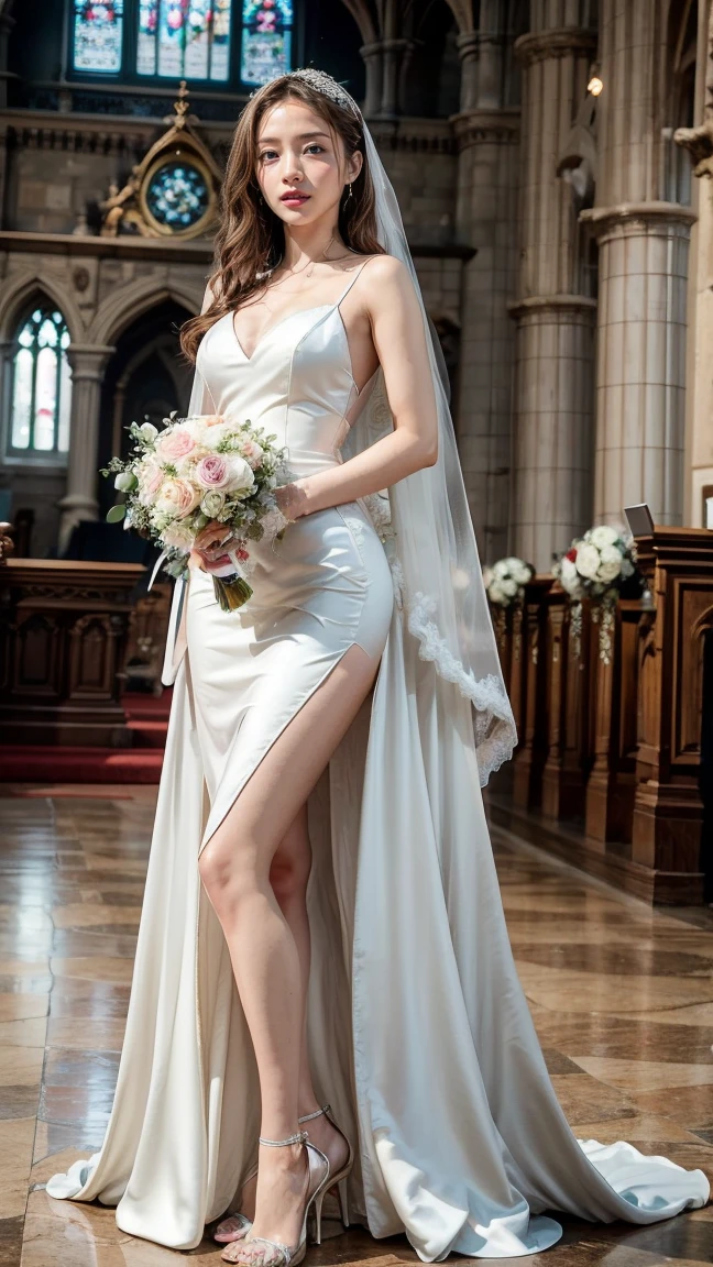 A beautiful young Japanese woman, 26 years old, with healthy thighs, beautiful legs, flawless skin, random hair color and style, large breasts, wearing a (wedding dress:1.3), (she is standing:1.2), full body shot, high heels, holding a bouquet in her hands, in a church setting, (best quality,8k, masterpiece:1.3), (extremely detailed:1.2), perfect anatomy, Satomi Ishihara