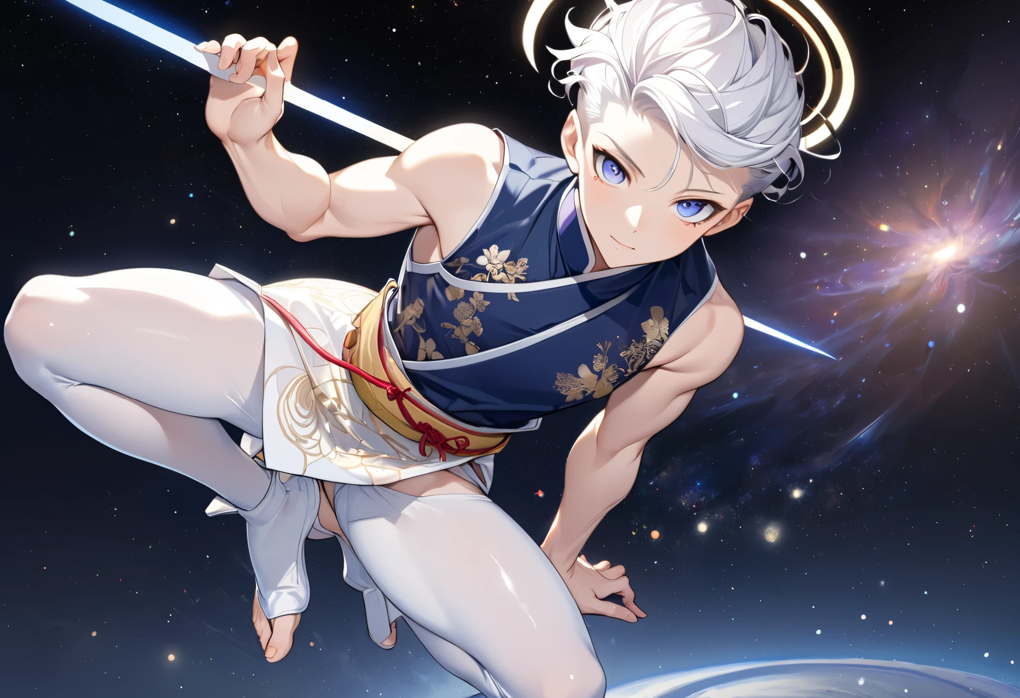 Fresh illustration,
Ultra-fine drawing,
Very delicate illustration,
Very fine details,
One boy,
Full body,
Height 158cm,
Fair skin,
Right eye is purple,
Left eye is blue,
Odd eyes,
Heterochromie iris,
Beautiful eyes,
Large black pupils,
Cleanly cut hairstyle,
Slicked back hairstyle,
Short hair,
Shiny hair,
White hair,
Protruding forehead,
Cute face,
Pretty face,
Shiny halo on the back of the head,
Raised eyebrows,
Kimono upper body,
Japanese clothing upper body,
Masculine build,
Six pack,
Very small breasts,
No breasts,
Chinese dress lower body,
Black obi,
Overall white clothes,
Tasteful embroidery with gold thread,
Clothes with high-quality texture,
Jock straps,
Thigh straps ,
Thigh straps digging into skin,
White long boots,
Japanese-style toes,
Five fingers on hands and feet,
Thin waist,
Thin legs,
Isometric,
Golden ratio,
Divine atmosphere,
Wearing an indigo-collared inner,
Outer space,
Galaxy,
Countless small stars,
Tactical use of shadows,
Free pose,
Sexy pose,
Exposing skin,
Erotic pose,
Adult pose,
Lewd appearance,
Looking at camera,
Buttocks facing camera,
Pervert,
Clothes are see-through and pink nipples and penis are visible,
Masochist