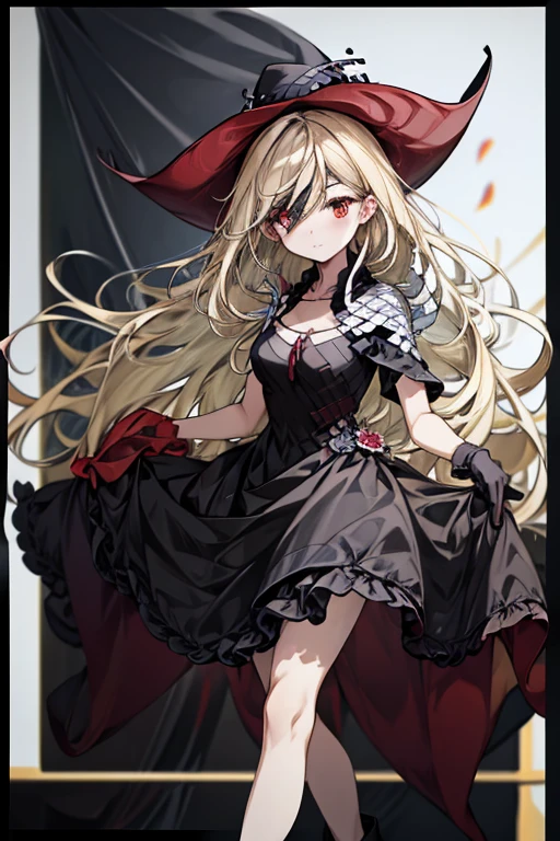 (masterpiece),  top quality ,  red eyes,  black ruffle dress,  black border on dress , black gloves and shoes ,  wave hair,  grayish blonde hair color 、 cowboy shot,  black dress