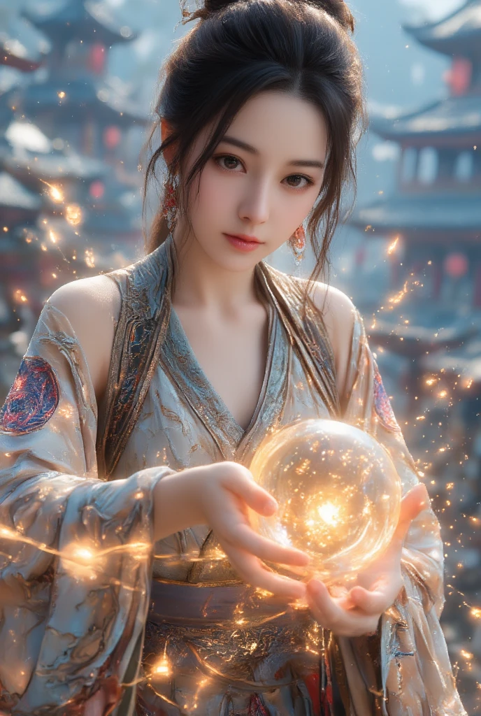 Masterpiece, full body, random angle view, photography, 
"Japanese beautiful young woman, white pale skin",very long hair elaborate updo black, wearing pretty magic dress glowing light of energy, spelling from the orb ,to spell epic powerful magic at battlefield, 