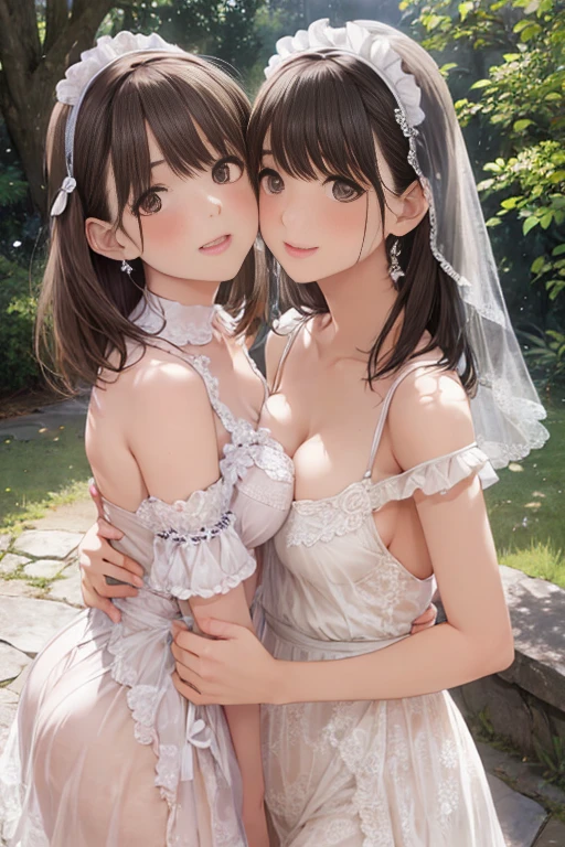 masterpiece, ((Highest quality, Detailed and realistic 3D))、wedding、2人のcute裸の女の子、cute:1.3、smile:1.2、smile、Mr.々Hair style、pubic hair、Are thin、Open Stance:1.2)、(((Full nudity、Smaller breasts、Pussy)))、(Realistic and detailed skin texture、Big beautiful eyes、hair ornaments、Veil、See-through、Light colored wedding dresses)