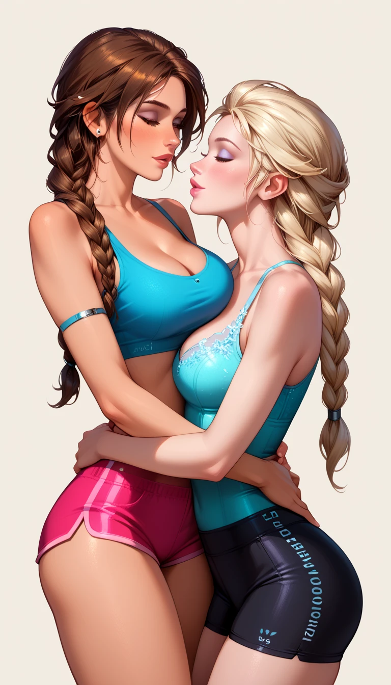 score_9, score_8_up, score_7_up, rating_safe, 2girls, duo, yuri, couple, very sexy (Elsa, blonde, braid:1.2), and very sexy (Lara Croft, brown hair, braid:1.3), (eyes half-closed:1.2), detailed eyes, beautiful eyes, detailed face, wearing (tiny yoga shorts, yoga tops:1.3), cleavage, thighs, romantic, in love, (hug from behind:1.1), filled lips, thick lips, lowlight, perfect hands, (Hand, detailed, perfect, perfection, hands:1.3), perfect proportions, (simple background:1.3).