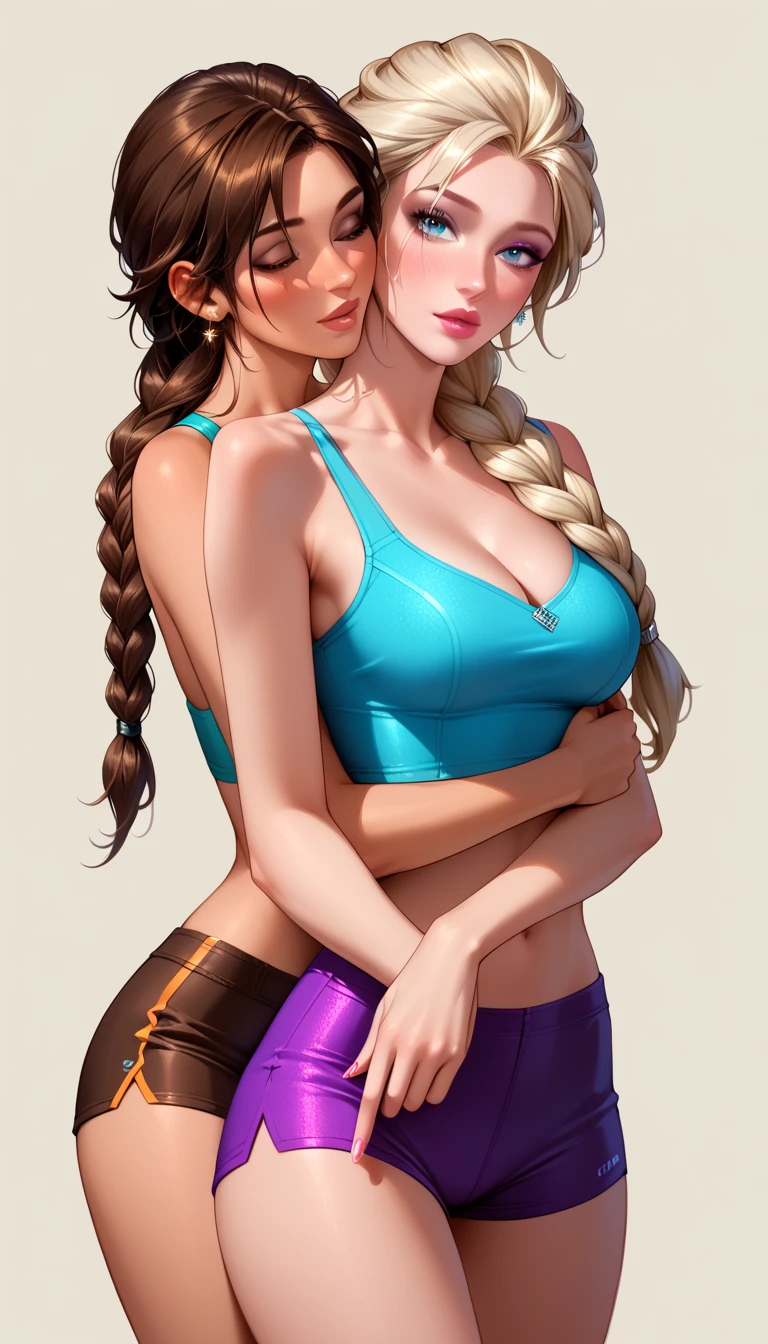 score_9, score_8_up, score_7_up, rating_safe, 2girls, duo, yuri, couple, very sexy (Elsa, blonde, braid:1.2), and very sexy (Lara Croft, brown hair, braid:1.3), (eyes half-closed:1.2), detailed eyes, beautiful eyes, detailed face, wearing (tiny yoga shorts, yoga tops:1.3), cleavage, thighs, romantic, in love, (hug from behind:1.1), filled lips, thick lips, lowlight, perfect hands, (Hand, detailed, perfect, perfection, hands:1.3), perfect proportions, (simple background:1.3).