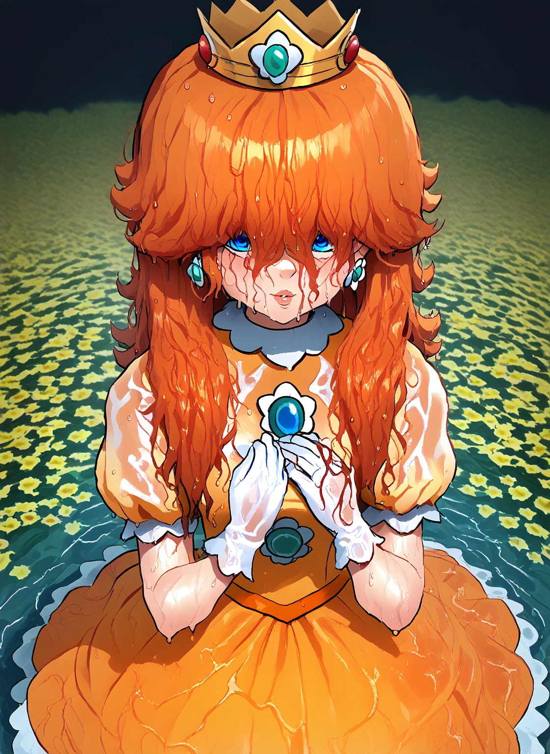 score_9, score_8_up, score_7_up, source_anime, princessdaisy, princess daisy, blue eyes, wet straight long hair, wet shiny orange long hair over eyes, crown, daisy, dress, flower, gem, gloves, orange dress, puffy short sleeves, wet puffy sleeves, short sleeves, wet white gloves, Outside, wet hair over face looking at viewer, hair over eyes, faceless, hair covering eyes, wet hair over eyes, wet clothes, wet shiny hair over eyes, wet hair over face, wet hair over face looking at viewer, hair over eyes, faceless, dark orange hair covering eyes, wet hair over eyes, wet clothes, wet shiny hair over eyes, dark orange wet hair over face, wet hair over face looking at viewer, hair over eyes, faceless, hair covering eyes, wet hair over eyes, wet clothes, wet shiny hair over eyes, dark orange wet hair over face, full body, full body
