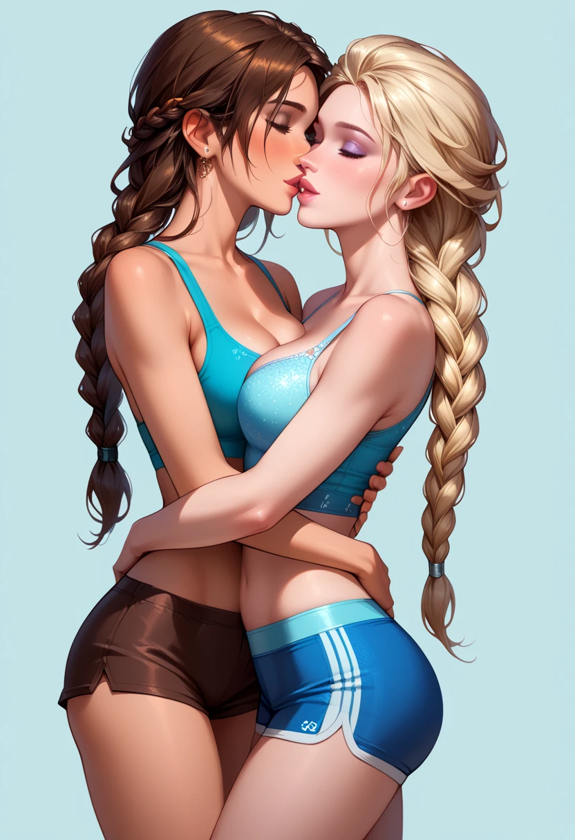 score_9, score_8_up, score_7_up, rating_safe, 2girls, duo, yuri, couple, very sexy (Elsa, blonde, braid:1.2), and very sexy (Lara Croft, brown hair, braid:1.3), (eyes half-closed:1.2), detailed eyes, beautiful eyes, detailed face, wearing (tiny yoga shorts, yoga tops:1.3), cleavage, thighs, romantic, in love, (hug from behind:1.1), filled lips, thick lips, lowlight, perfect hands, (Hand, detailed, perfect, perfection, hands:1.3), perfect proportions, yoga studio, (simple background:1.3).