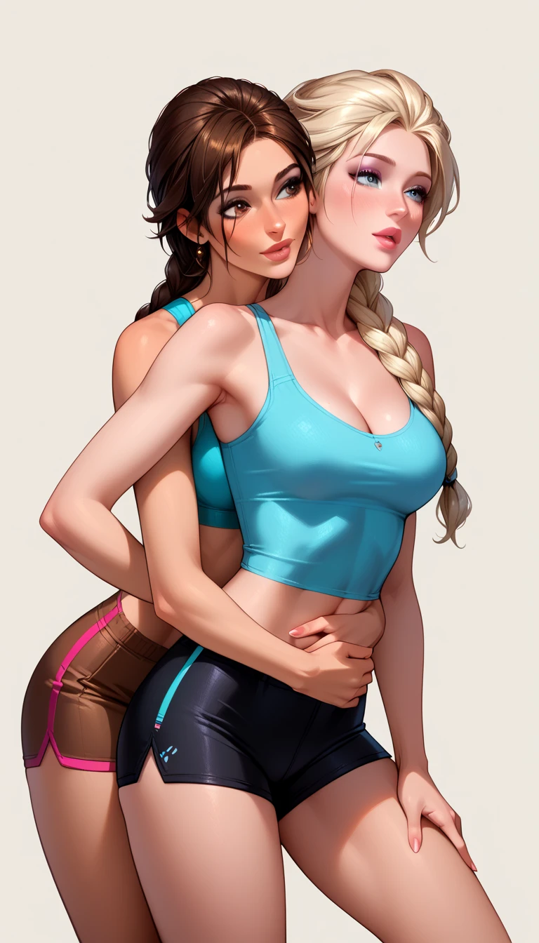 score_9, score_8_up, score_7_up, rating_safe, 2girls, duo, yuri, couple, very sexy (Elsa, blonde, braid:1.2), and very sexy (Lara Croft, brown hair, braid:1.3), (eyes half-closed:1.2), detailed eyes, beautiful eyes, detailed face, wearing (tiny yoga shorts, yoga tops:1.3), cleavage, thighs, romantic, in love, (hug from behind:1.1), filled lips, thick lips, lowlight, perfect hands, (Hand, detailed, perfect, perfection, hands:1.3), perfect proportions, yoga studio, (simple background:1.3).