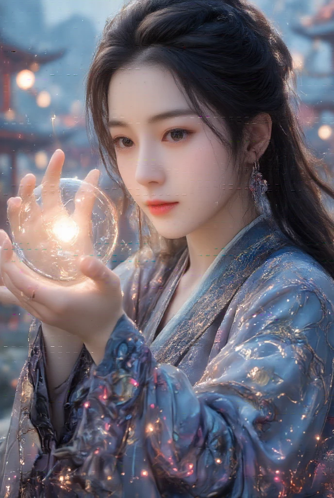 Masterpiece, full body, random angle view, photography, 
"Japanese beautiful young woman, white pale skin",very long hair elaborate updo black, wearing pretty magic dress glowing light of energy, spelling from the orb ,to spell epic powerful magic at battlefield, 