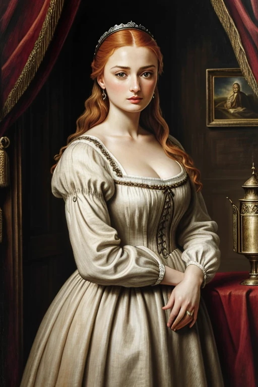 In Peter Paul Rubens style, Captivating figure , big figure, Healthy Beauty , retrato de Sansa Stark de game of thrones,  Sansa Stark played by Sophie Turner ,  plump face ,  beautiful middle-aged woman ,  traditional linen costume ,  linen slave clothes from the medieval period, girl,  Middle Ages , classicism, Peter Paul Rubens style, paint,  traditional media , realistic, figurative, fine arts, oil on canvas, HDR, 8k, Personagem original,  high resolution, high detail,  Focus on the face , By Peter Paul Rubens, 