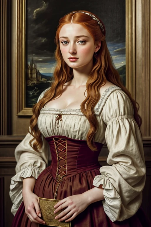 In Peter Paul Rubens style, Captivating figure , big figure, Healthy Beauty , retrato de Sansa Stark de game of thrones,  Sansa Stark played by Sophie Turner ,  plump face ,  beautiful middle-aged woman ,  traditional linen costume ,  linen slave clothes from the medieval period, girl,  Middle Ages , classicism, Peter Paul Rubens style, paint,  traditional media , realistic, figurative, fine arts, oil on canvas, HDR, 8k, Personagem original,  high resolution, high detail,  Focus on the face , By Peter Paul Rubens, 