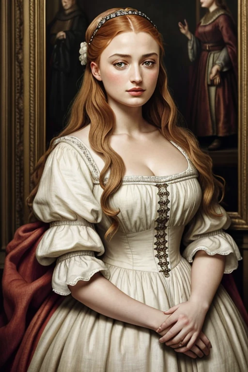 In Peter Paul Rubens style, Captivating figure , big figure, Healthy Beauty , retrato de Sansa Stark de game of thrones,  Sansa Stark played by Sophie Turner ,  plump face ,  beautiful middle-aged woman ,  traditional linen costume ,  linen slave clothes from the medieval period, girl,  Middle Ages , classicism, Peter Paul Rubens style, paint,  traditional media , realistic, figurative, fine arts, oil on canvas, HDR, 8k, Personagem original,  high resolution, high detail,  Focus on the face , By Peter Paul Rubens, 