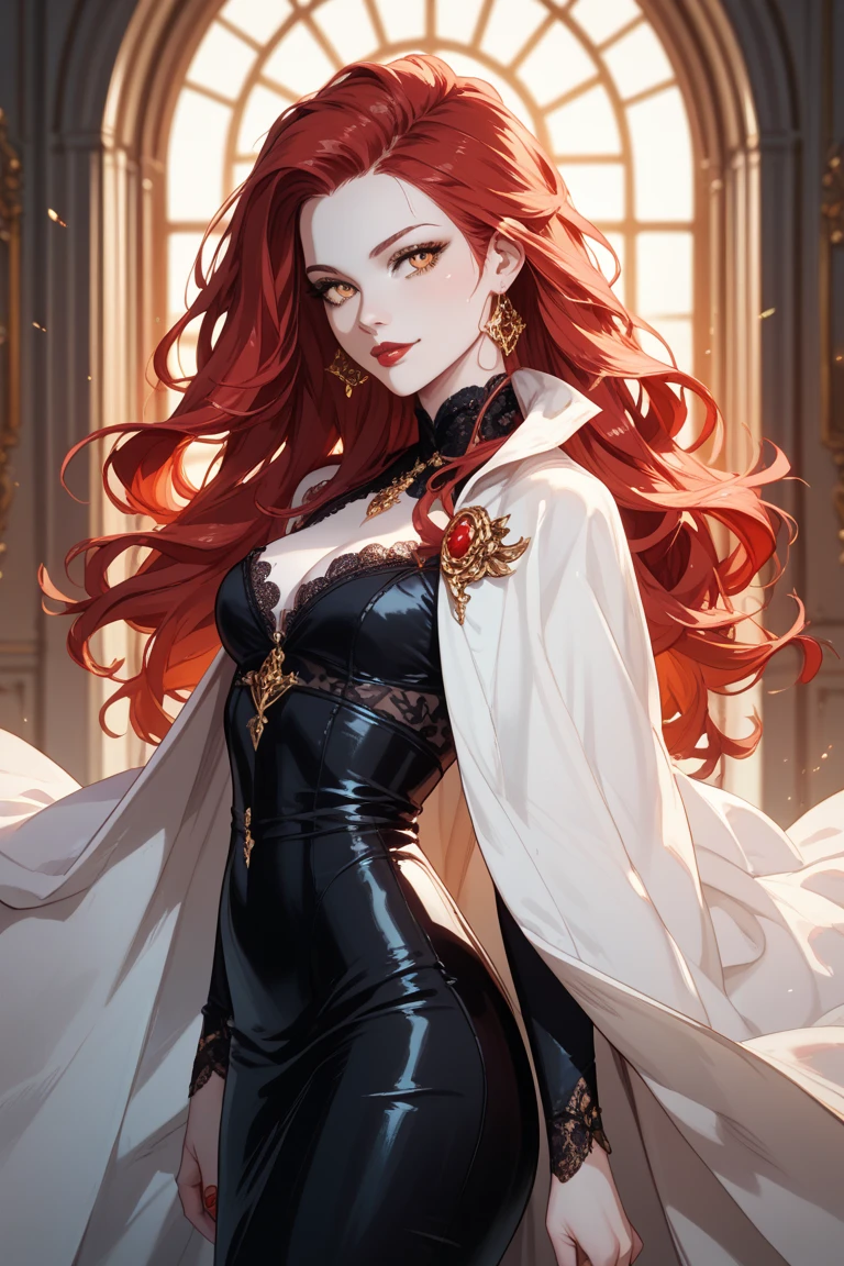 (a woman, a full chest,fur coat:red),intense gaze:1.1,piercing blue eyes,flowing red hair(fine,sexy,beautiful, lush, flowing),sultry expression,curvy figure,tall and elegant,confident posture,feather boa(fuzzy,warm),luxurious background:1.2,golden chandelier,richly decorated room,vibrant colors, soft and warm lighting,hint of mystery and allure,high contrast and vivid details,portraits,detailed brushstrokes,artistic composition,deep shadows and highlights,pop art style,colorful and bold,color scheme:1.1,contrast between red and blue, dramatic lighting effect.
